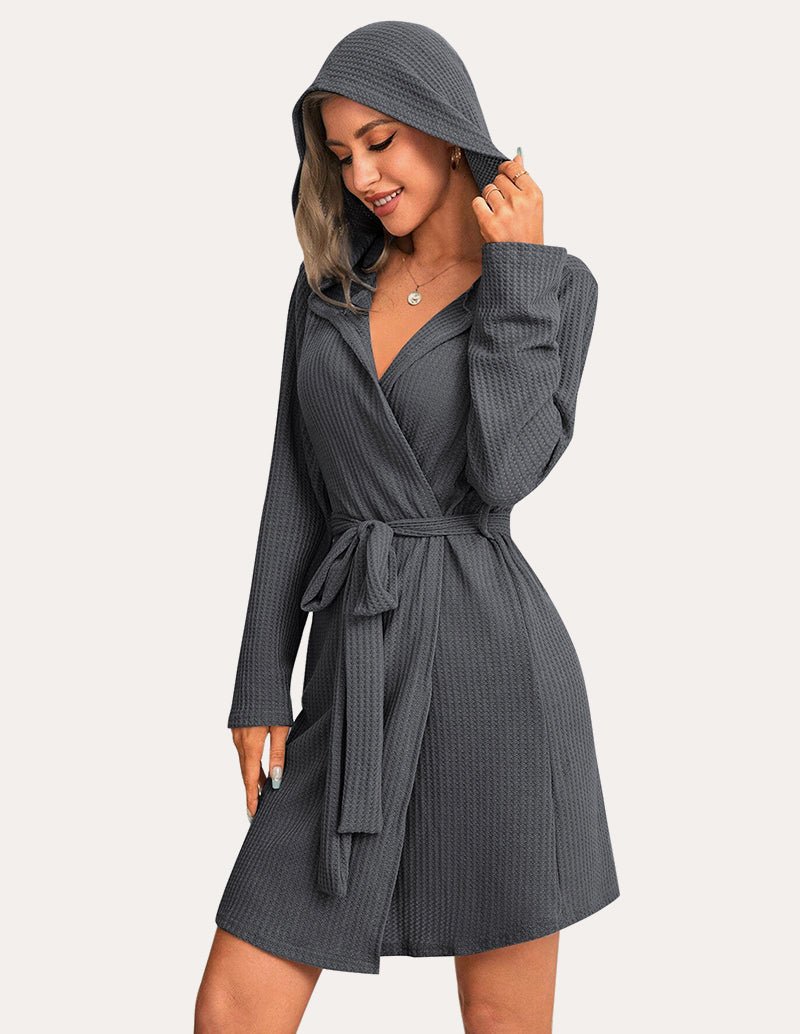 Dark gray waffle knit hooded bathrobe with wrap front, tie belt, and long sleeves