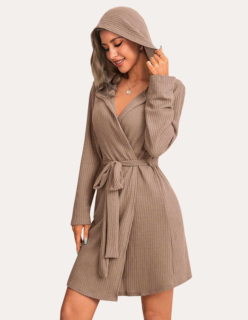 Khaki waffle knit hooded bathrobe with waist tie belt and textured weave