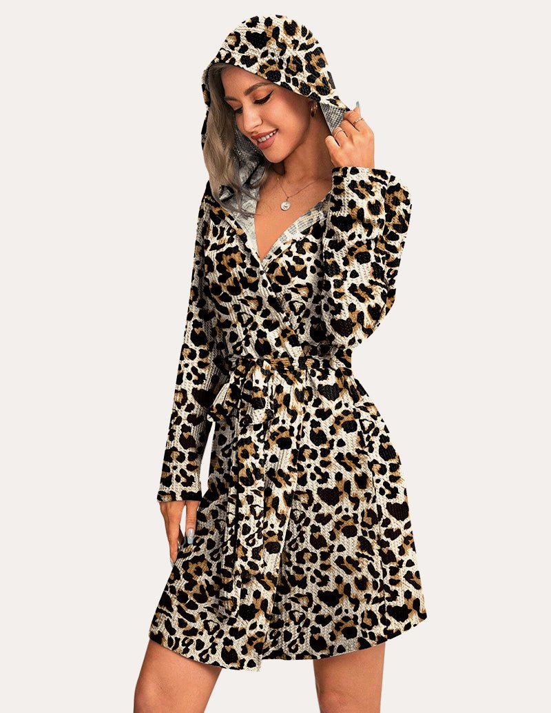 Leopard print waffle knit hooded bathrobe with waist tie belt