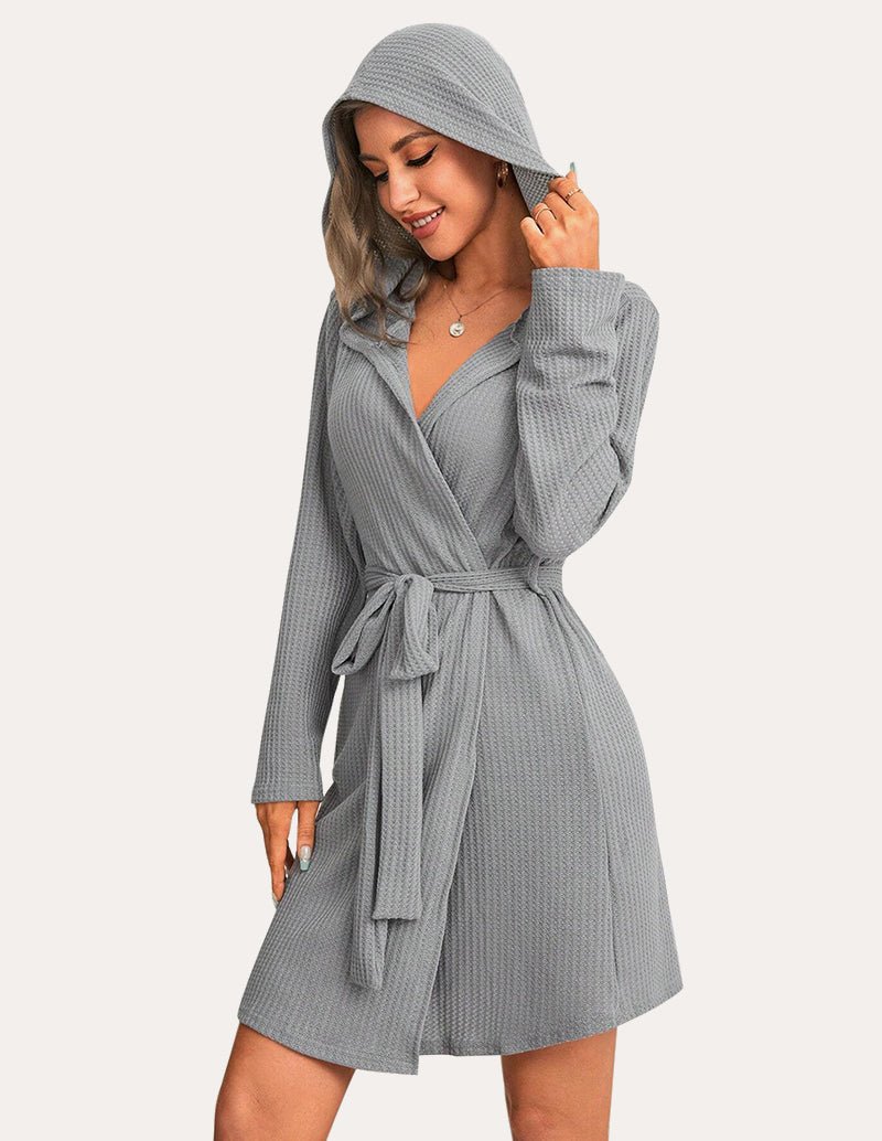 Light grey waffle knit hooded bathrobe with waist tie belt and textured weave