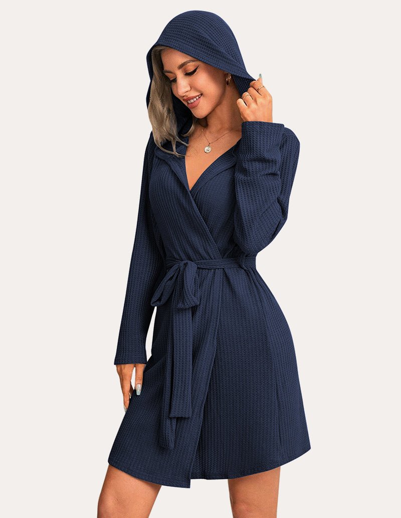 Navy blue waffle knit hooded bathrobe with waist tie belt and textured weave