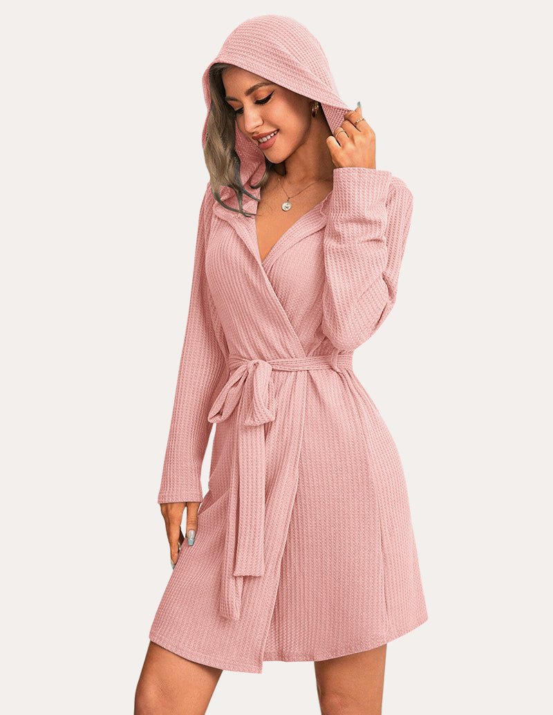 Rose pink waffle knit hooded bathrobe with waist tie belt and textured weave