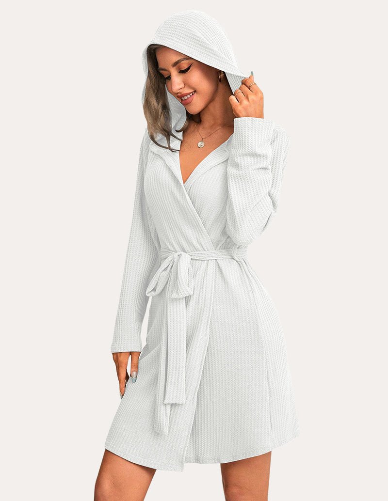 White waffle knit hooded bathrobe with wrap front and tie belt, long sleeves