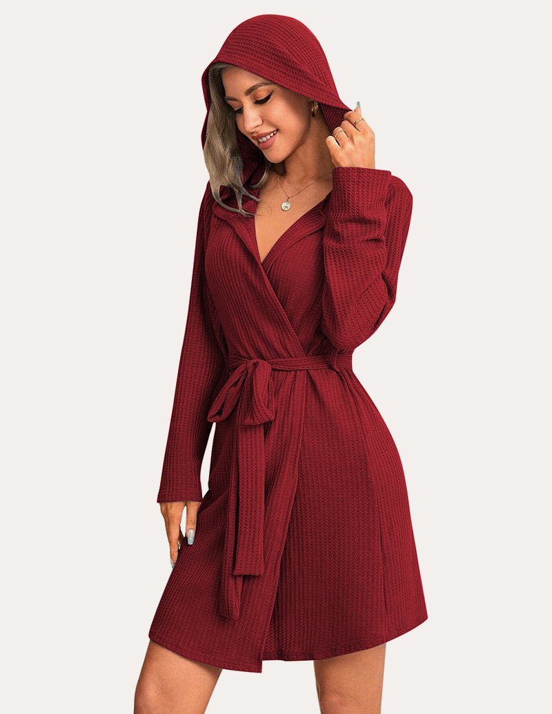 Wine red waffle knit hooded bathrobe with waist tie belt and hooded neckline