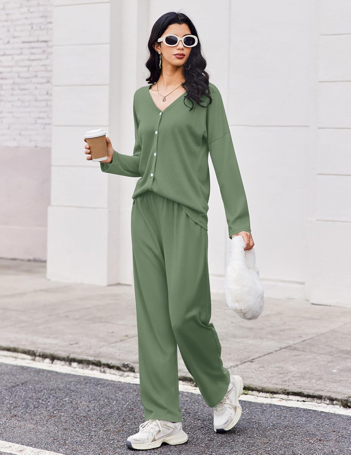 Green pajama set, long-sleeve button top with relaxed wide-leg pants
