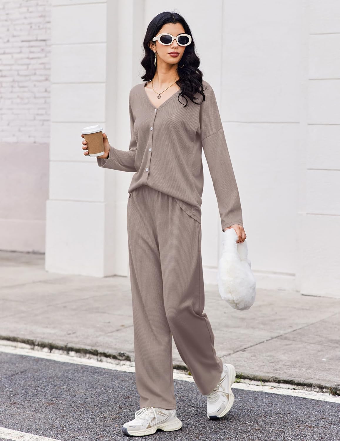 Waffle knit long sleeve pajama set with button-front top and wide-leg pants, taupe beige