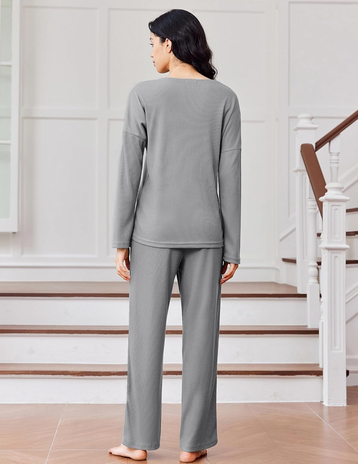 Waffle knit pajama set long-sleeve top and wide-leg pants, light gray, back view