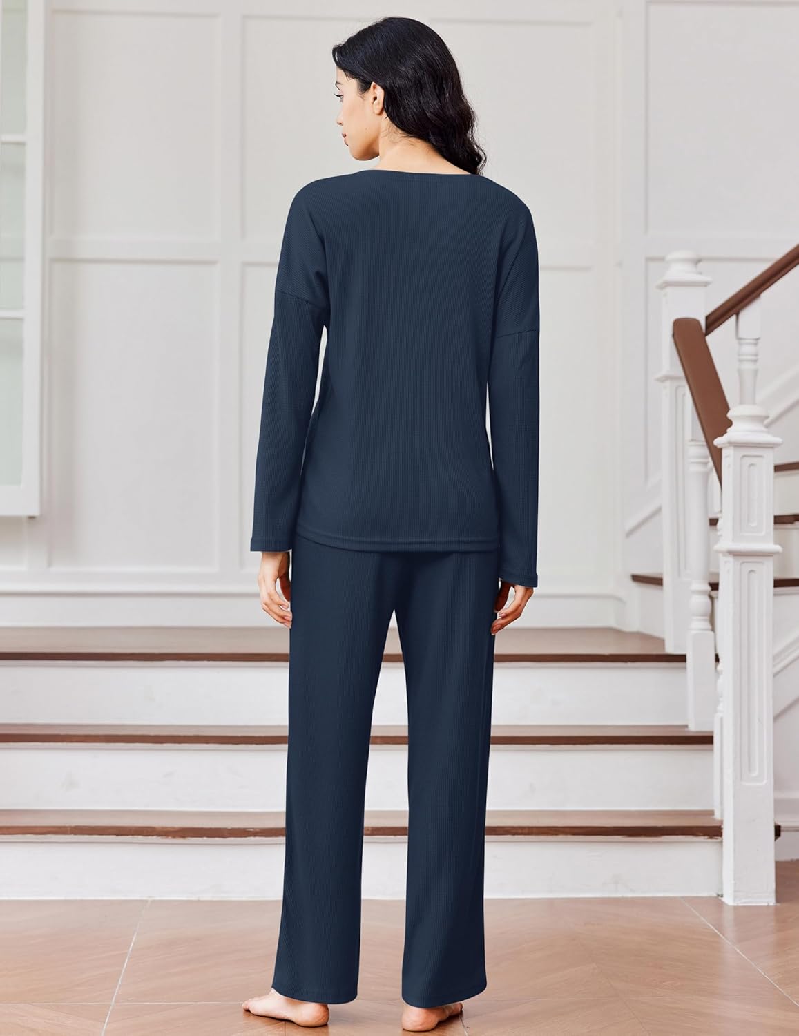 Navy blue waffle-knit pajama set, long-sleeve top and wide-leg pants (back view)