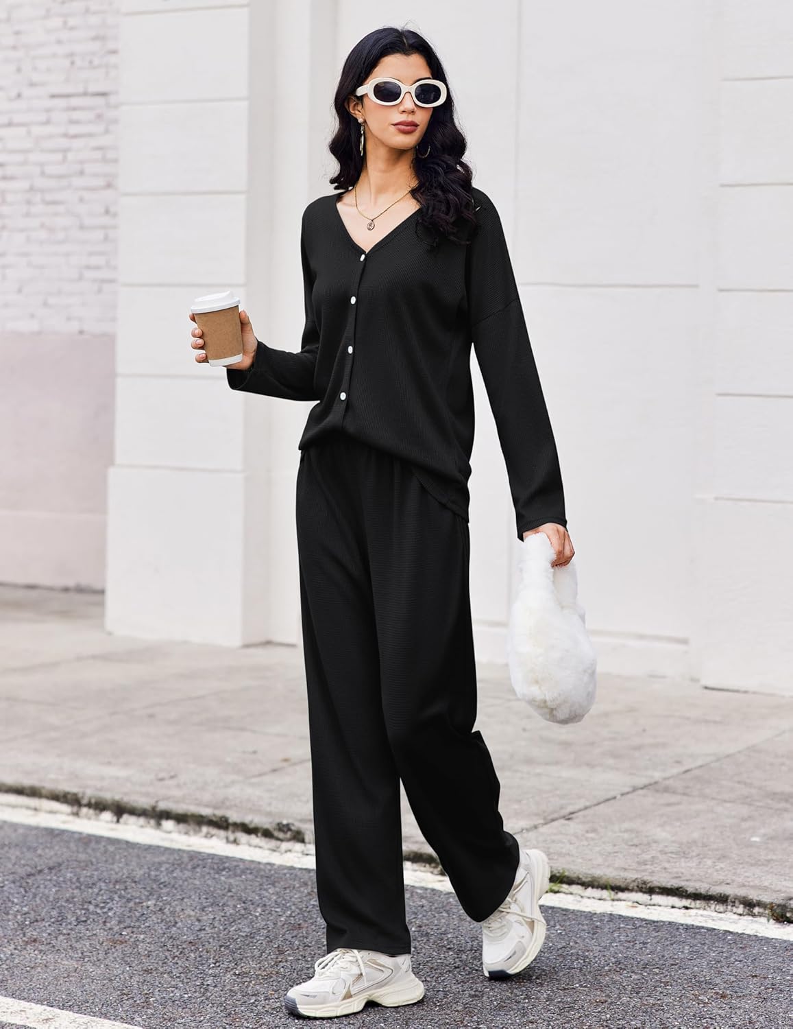 Black pajama set, long-sleeve button top and wide-leg trousers