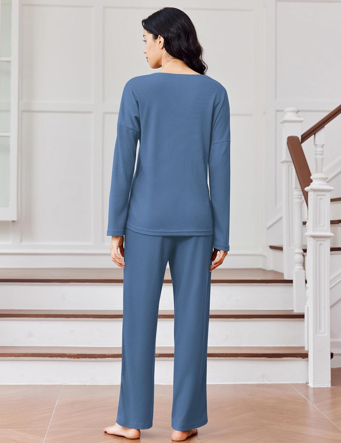 Back view: blue long-sleeve waffle-knit pajama set with straight wide-leg pants