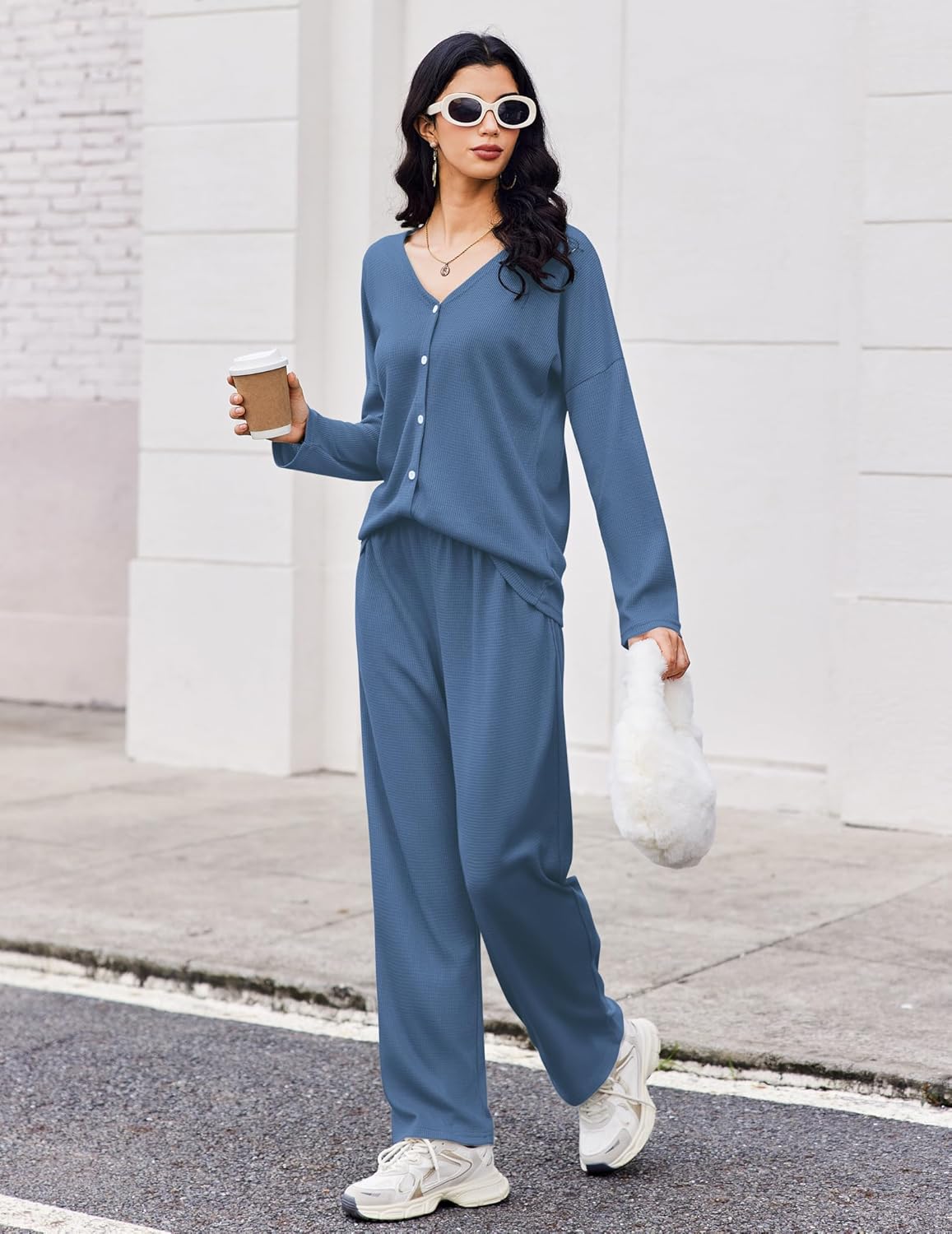 Waffle knit pajama set, long-sleeve henley top in blue with matching pants