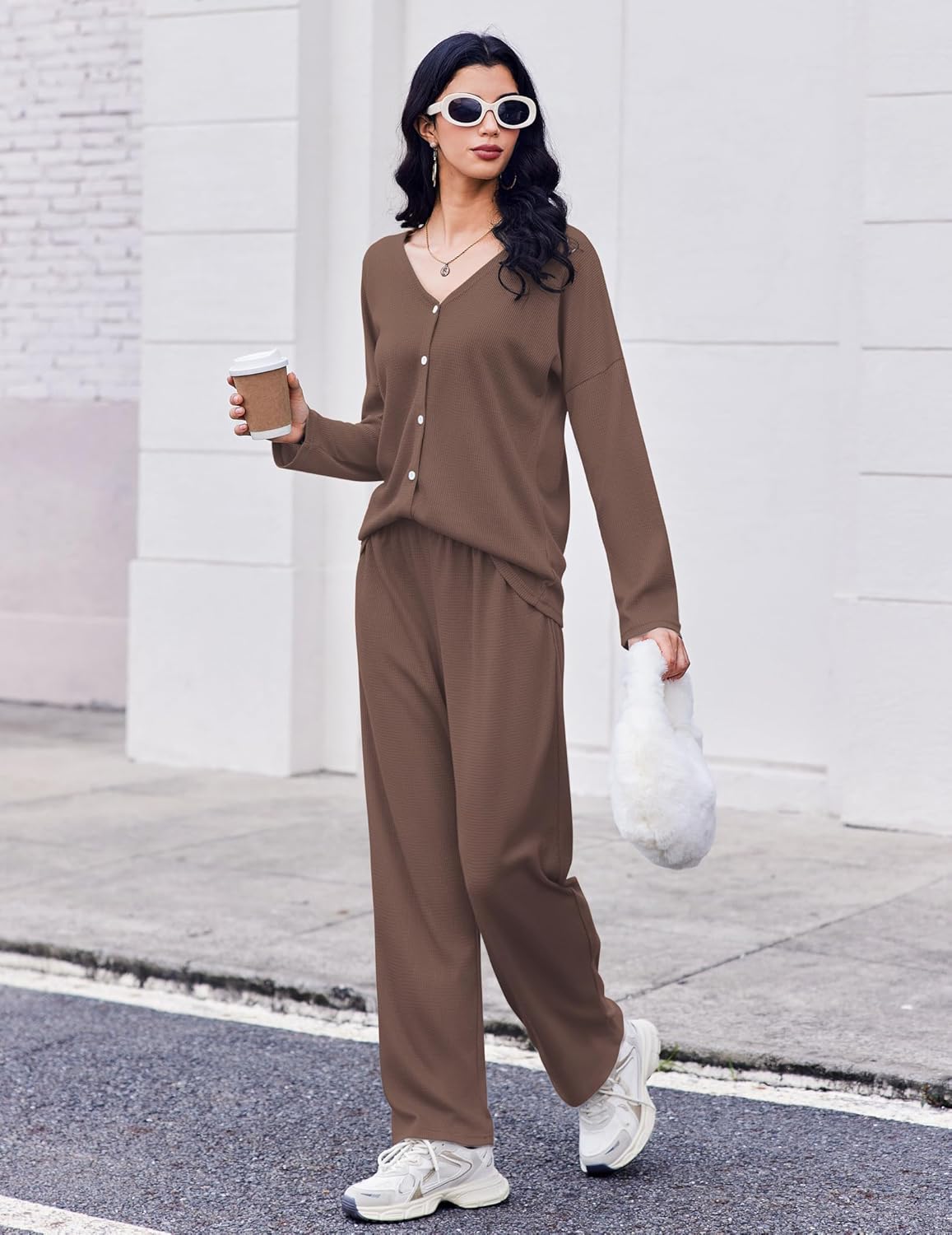 Waffle knit pajama set in brown: button henley long sleeves with matching trousers