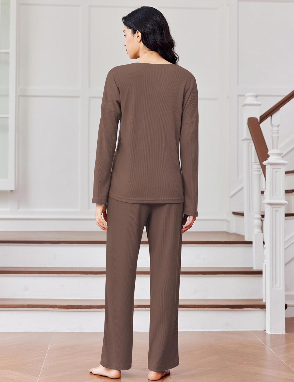 Back view of brown waffle-knit pajama set with long sleeves and wide-leg pants