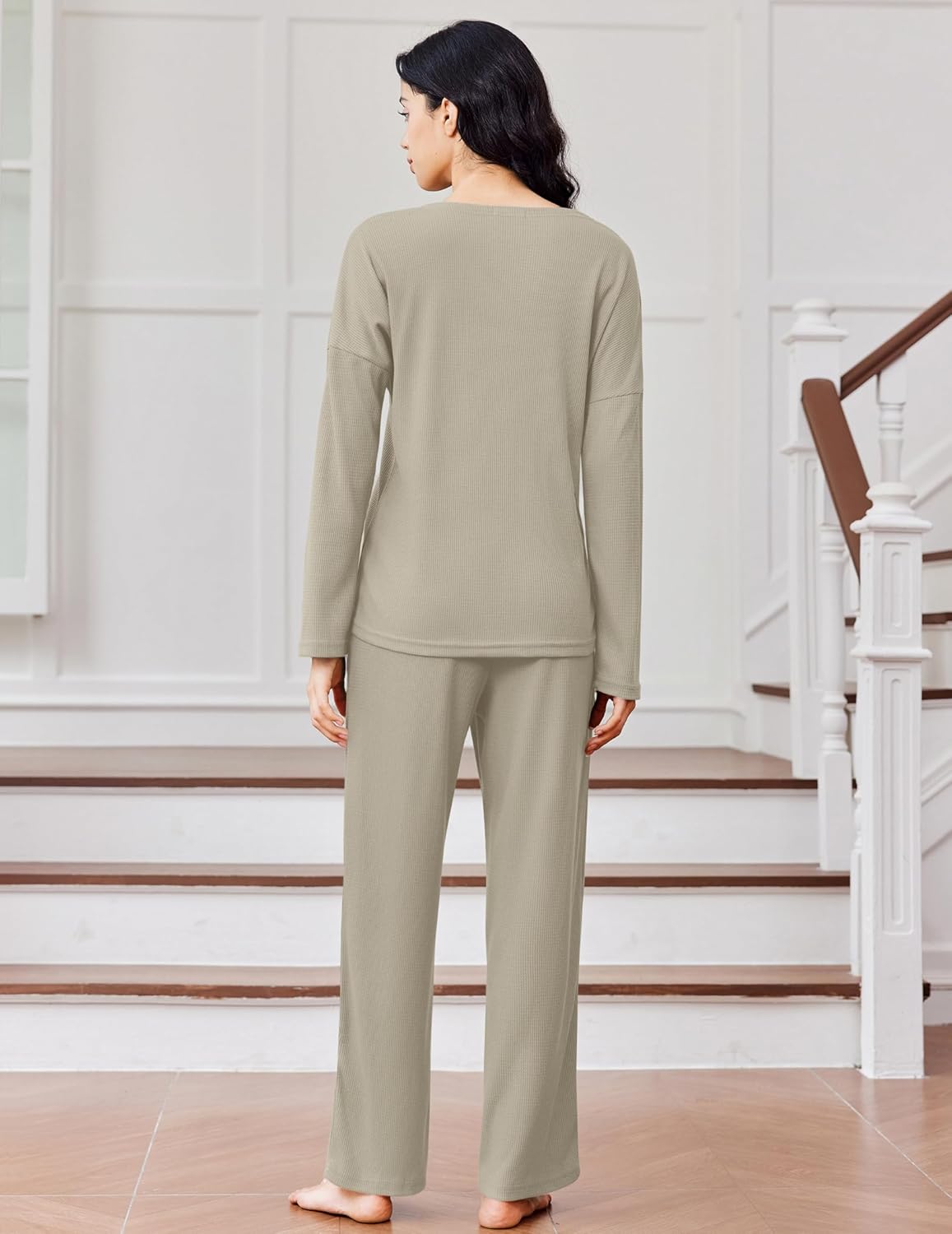 Light beige waffle-knit pajama set, long-sleeve henley top with wide-leg pants