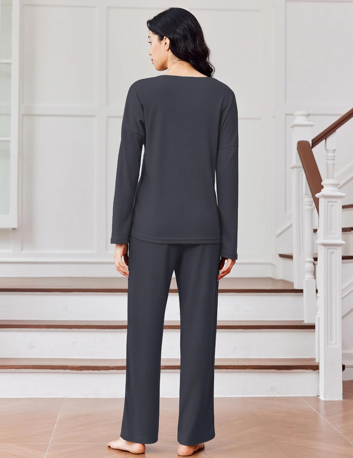 Dark gray waffle-knit long-sleeve pajama set, button-front top and wide-leg pants (back)