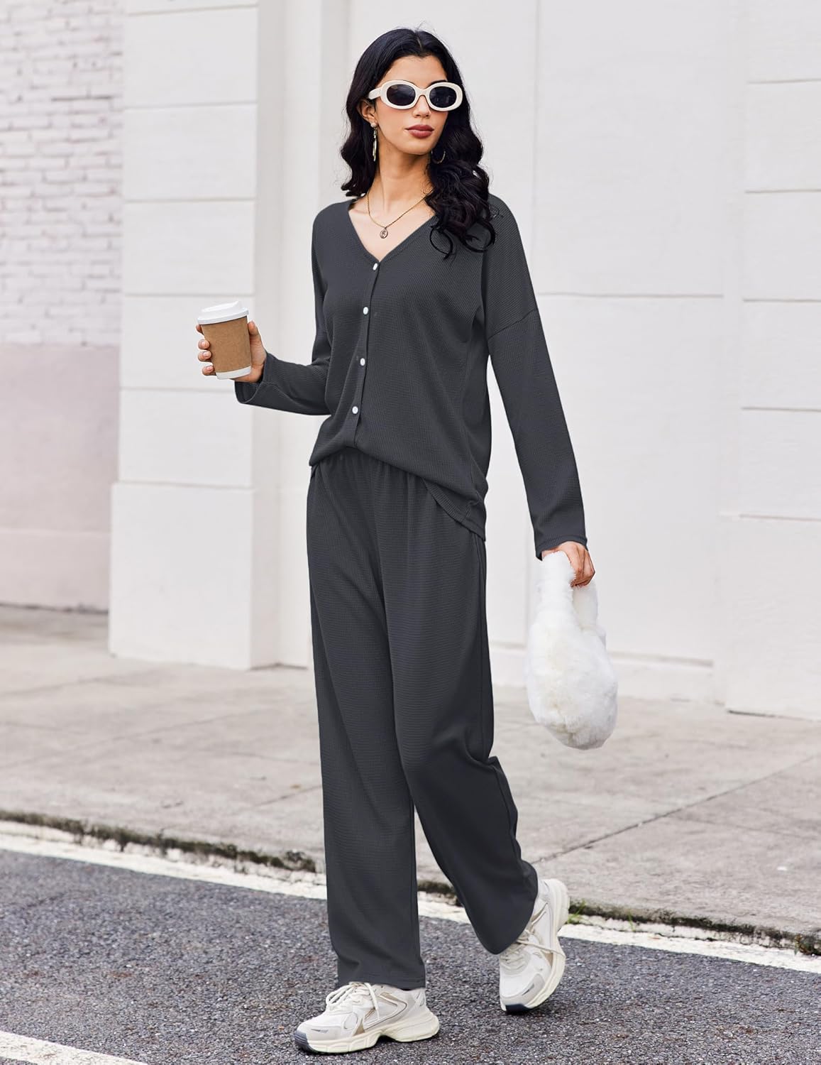 Dark gray waffle-knit lounge set with henley button long sleeve top and wide-leg pants