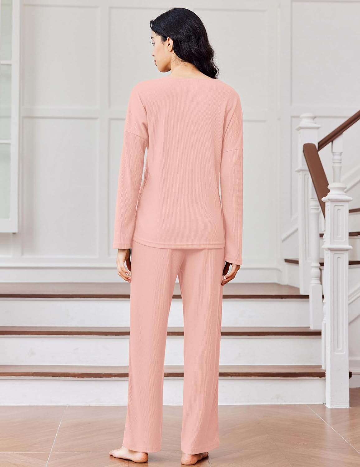 Pink waffle-knit long-sleeve pajama set, button-front top and wide-leg pants (back view)