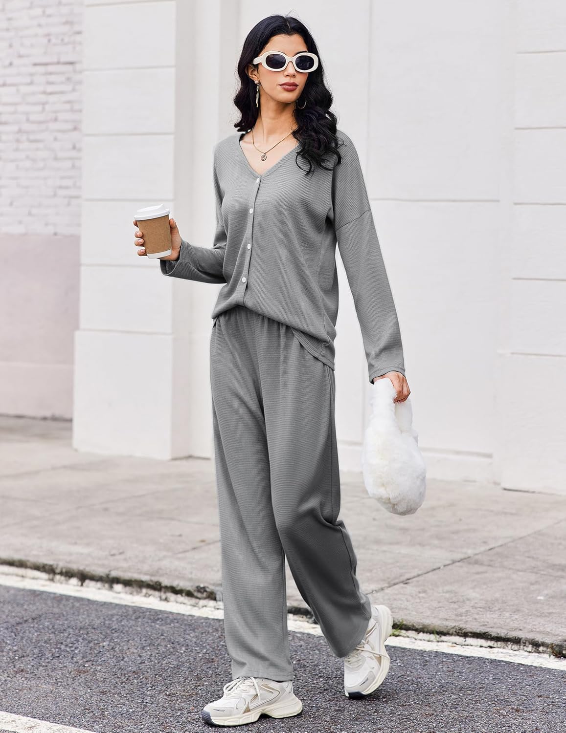 Waffle knit long sleeve pajama set with button-front top and wide-leg pants, light gray