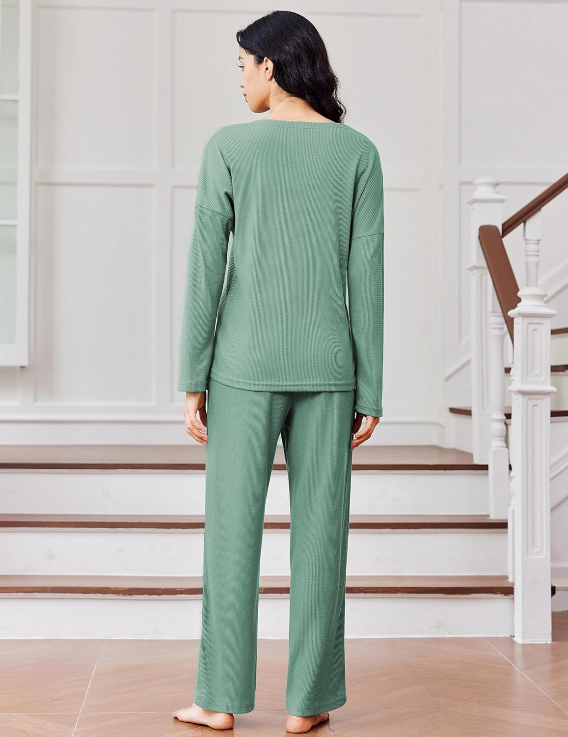Green waffle-knit long-sleeve pajama set with wide-leg pants, button-front (back view)