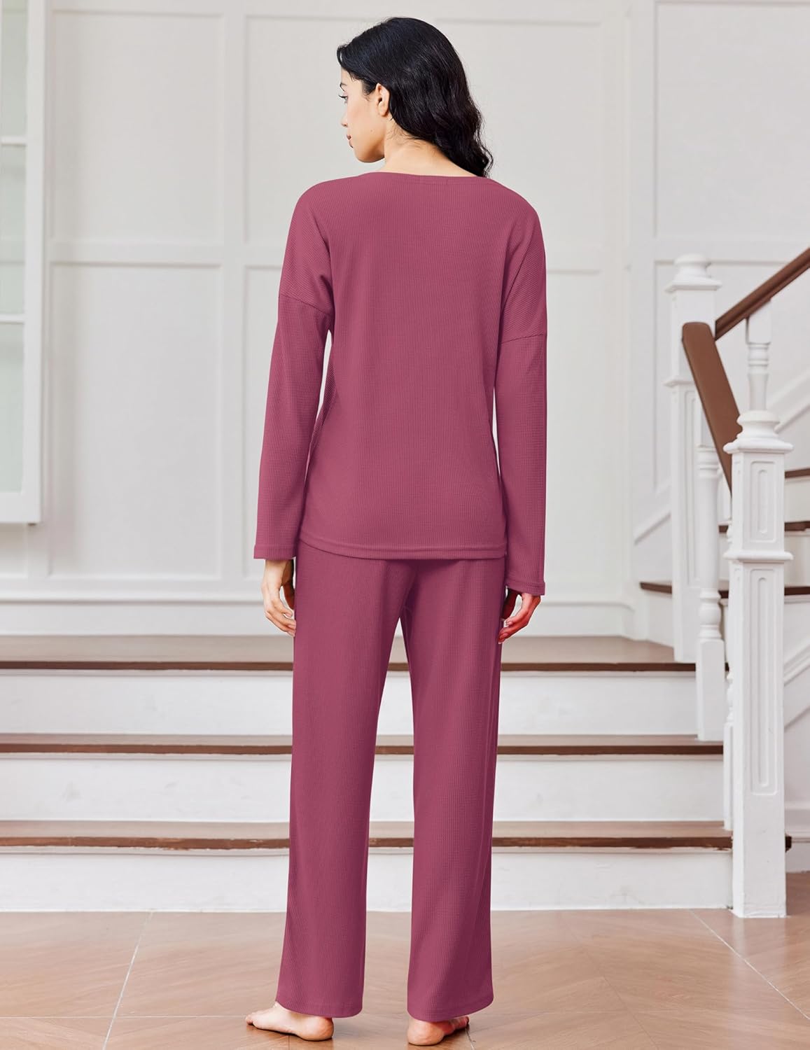 Waffle knit pajama set long-sleeve top and wide-leg pants, rose wine, back view