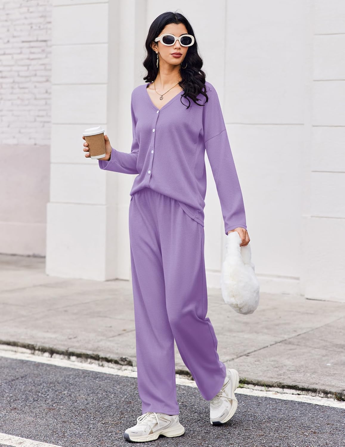 Waffle knit long sleeve pajama set with button-front top and wide-leg pants, lilac