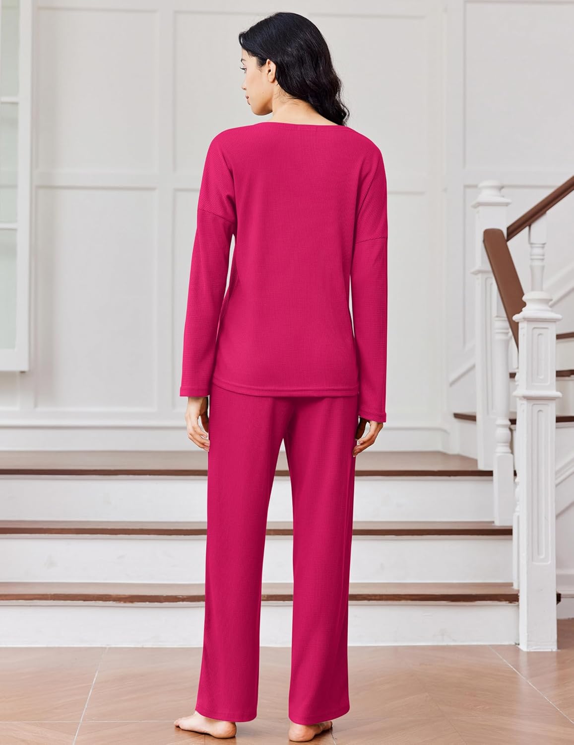 Wine red waffle-knit pajama set, back view: long-sleeve henley top and wide-leg pants