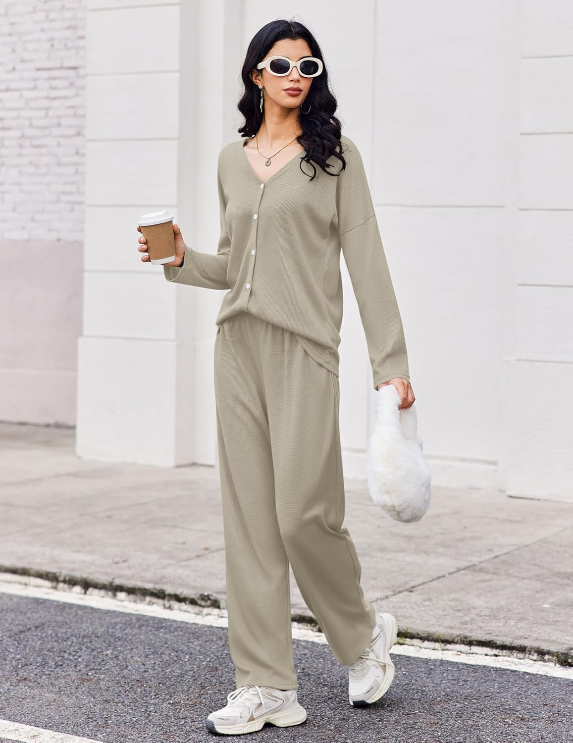 Olive waffle-knit pajama set with henley long-sleeve top and wide-leg pants