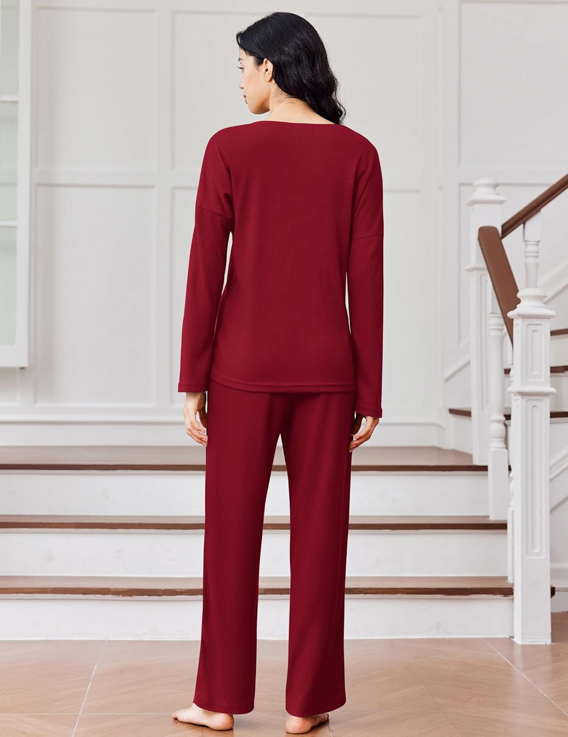 Waffle knit pajama set long-sleeve top and wide-leg pants, wine red, back view