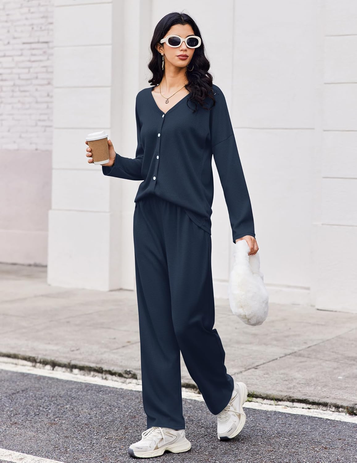 Navy blue long-sleeve pajama set with button-front top and wide-leg pants