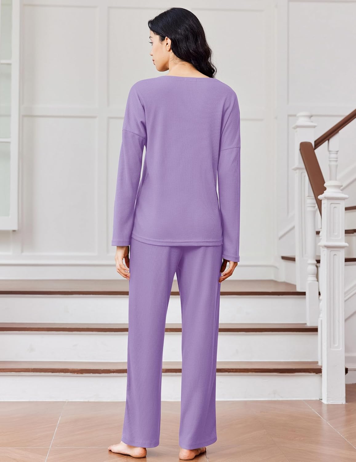 Waffle knit pajama set long-sleeve top and wide-leg pants, lilac, back view