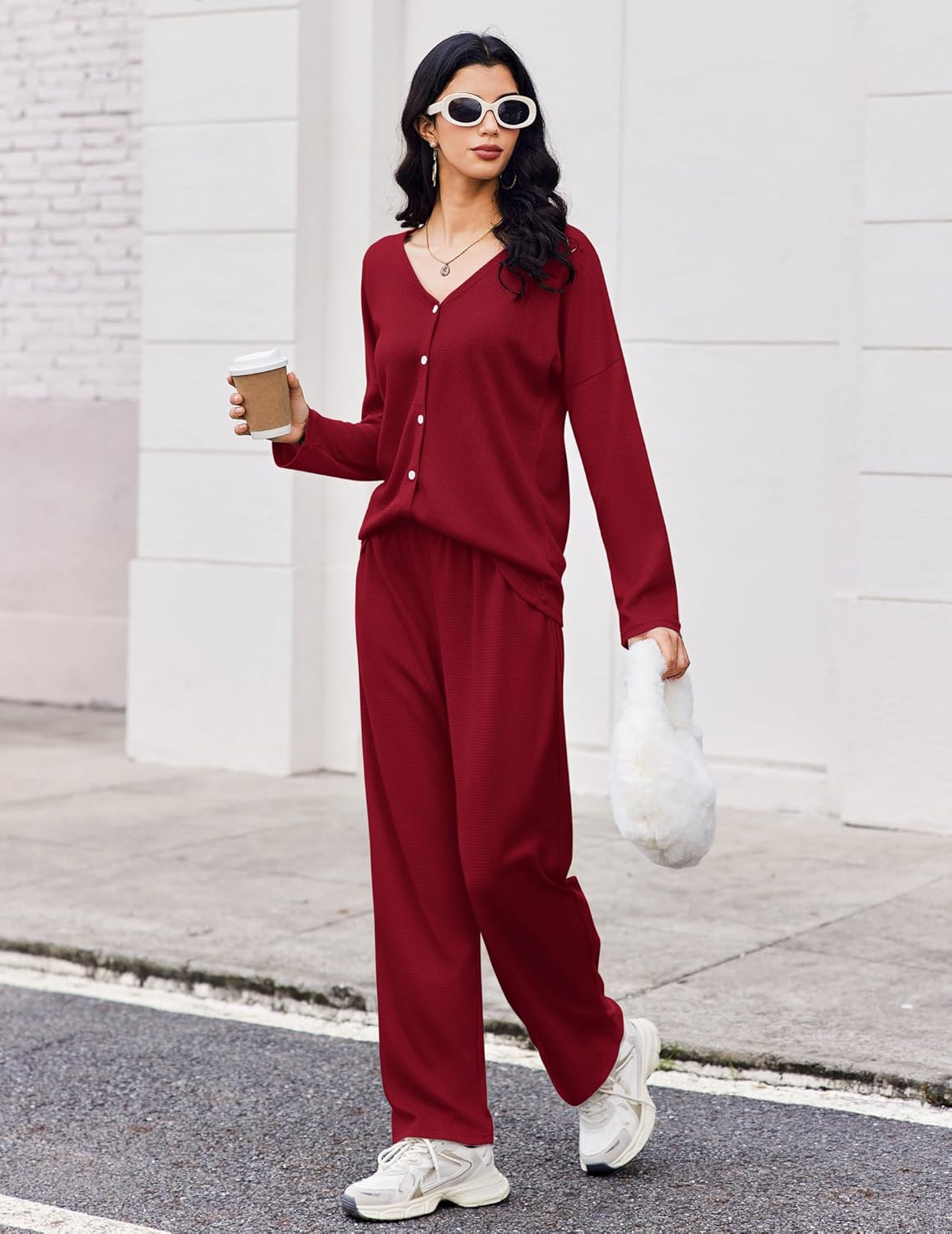 Waffle knit long sleeve pajama set with button-front top and wide-leg pants, wine red