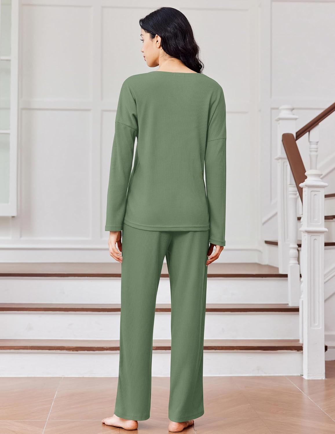 Green waffle-knit pajama set, long sleeves and wide-leg pants (back view)