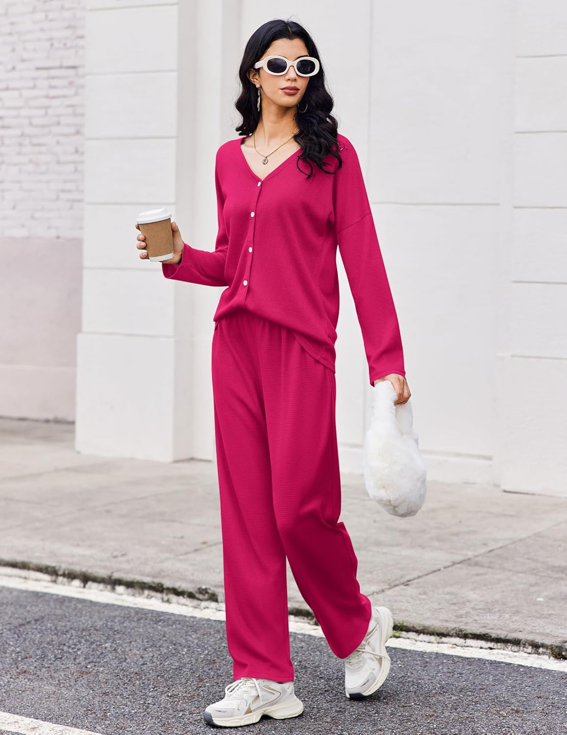 Wine-red long-sleeve pajama set with button-front top and relaxed wide-leg trousers