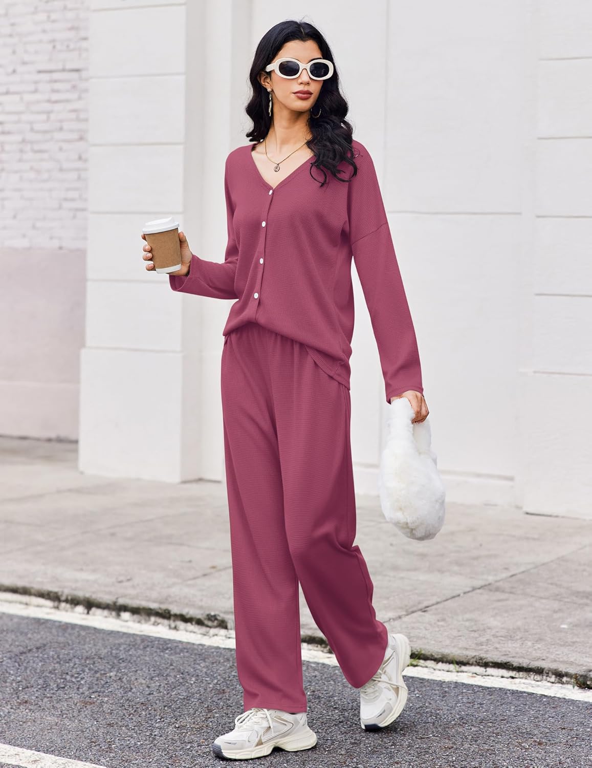 Waffle knit long sleeve pajama set with button-front top and wide-leg pants, rose wine