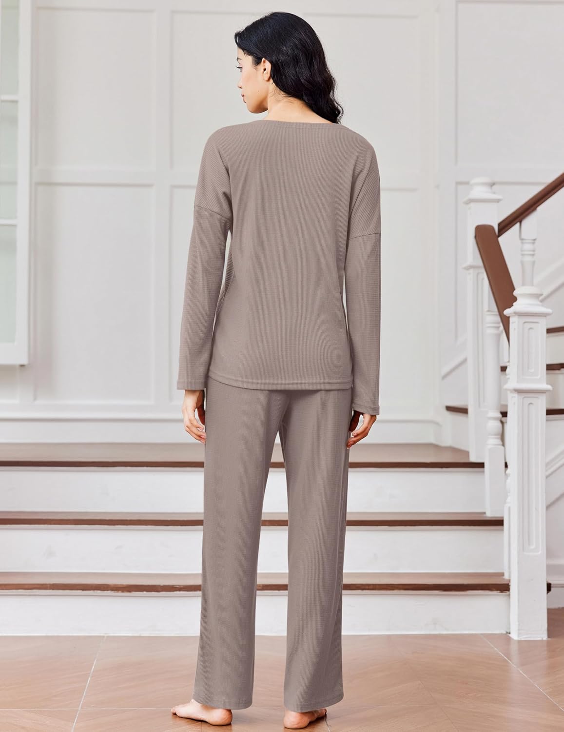 Waffle knit pajama set long-sleeve top and wide-leg pants, taupe beige, back view