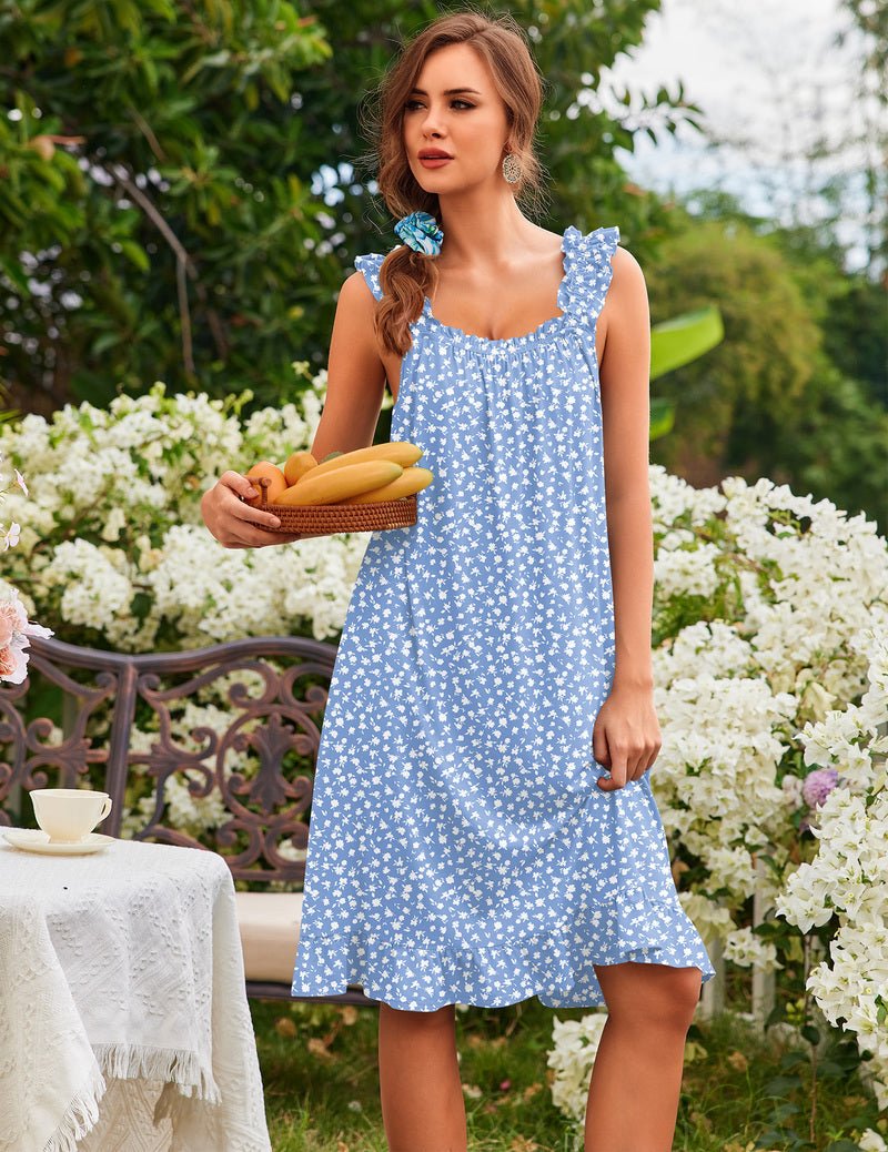 Women’s ruffle sleeveless house dress, blue with small white floral dots pattern
