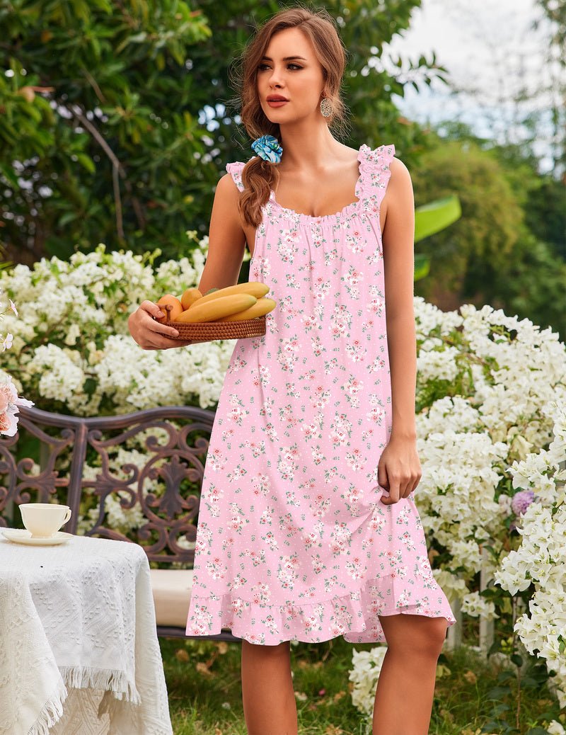Women’s sleeveless ruffle house dress, light pink floral print, ruffled shoulders, tiered hem