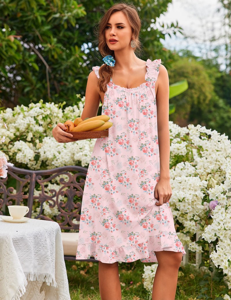 Women’s ruffle sleeveless house dress, pink floral print, tiered hem