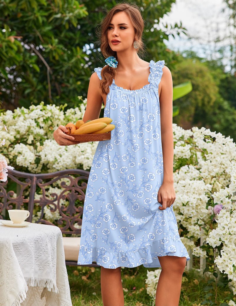 Women’s ruffle sleeveless house dress, light blue medallion-style floral print