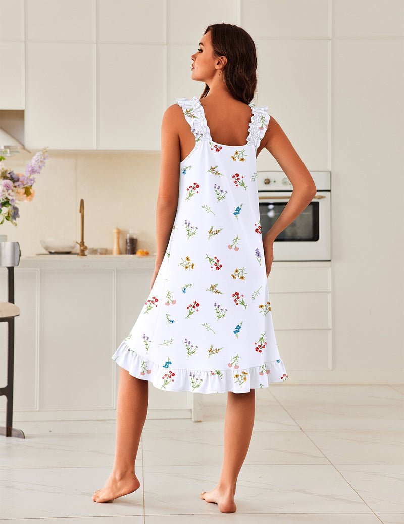 Women's ruffle-trim sleeveless house dress, white floral print