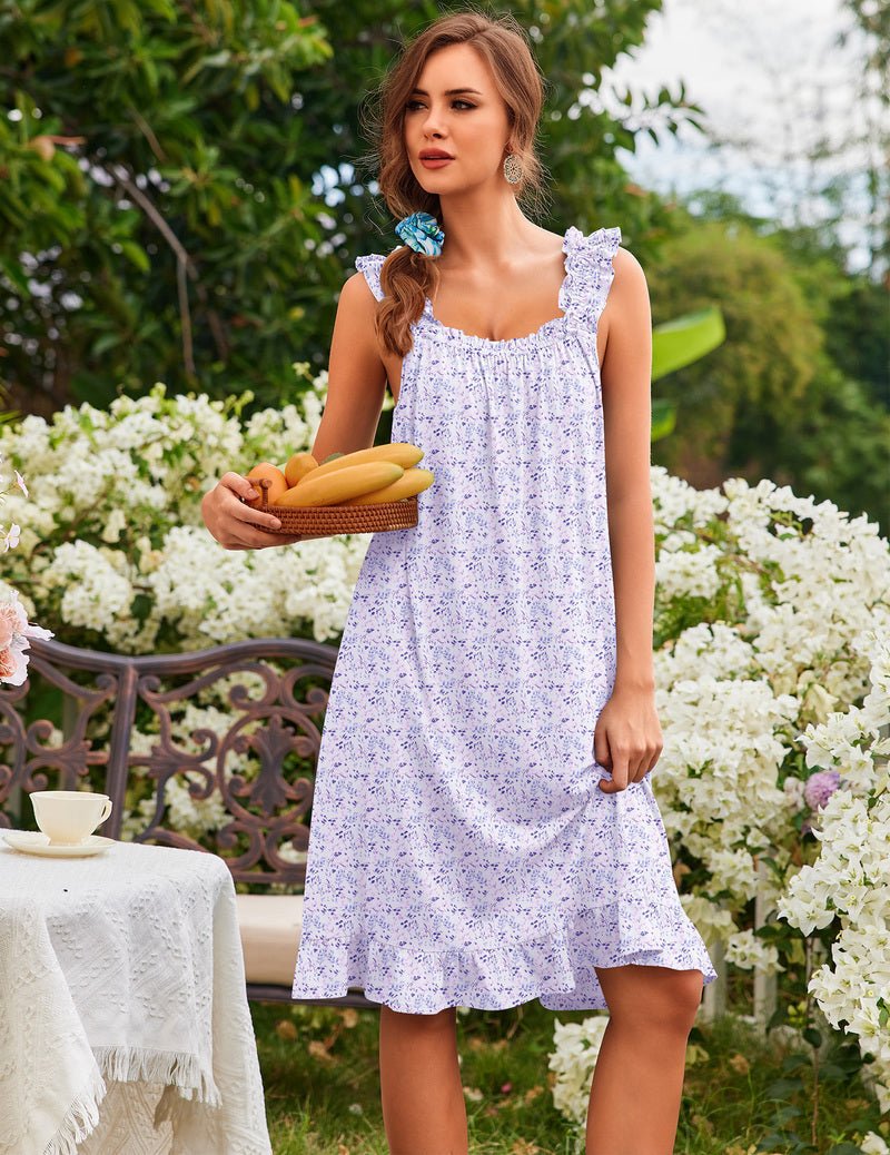 Women’s sleeveless ruffle house dress, lavender small floral print, tiered skirt and hem pocket