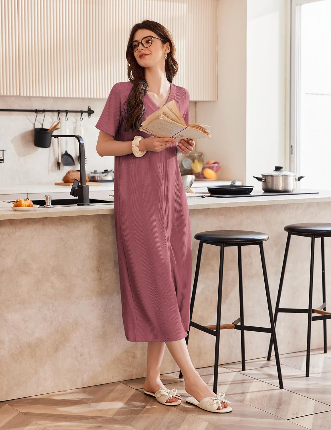 Mauve long zip-up waffle knit housecoat robe, short sleeves, mid-calf