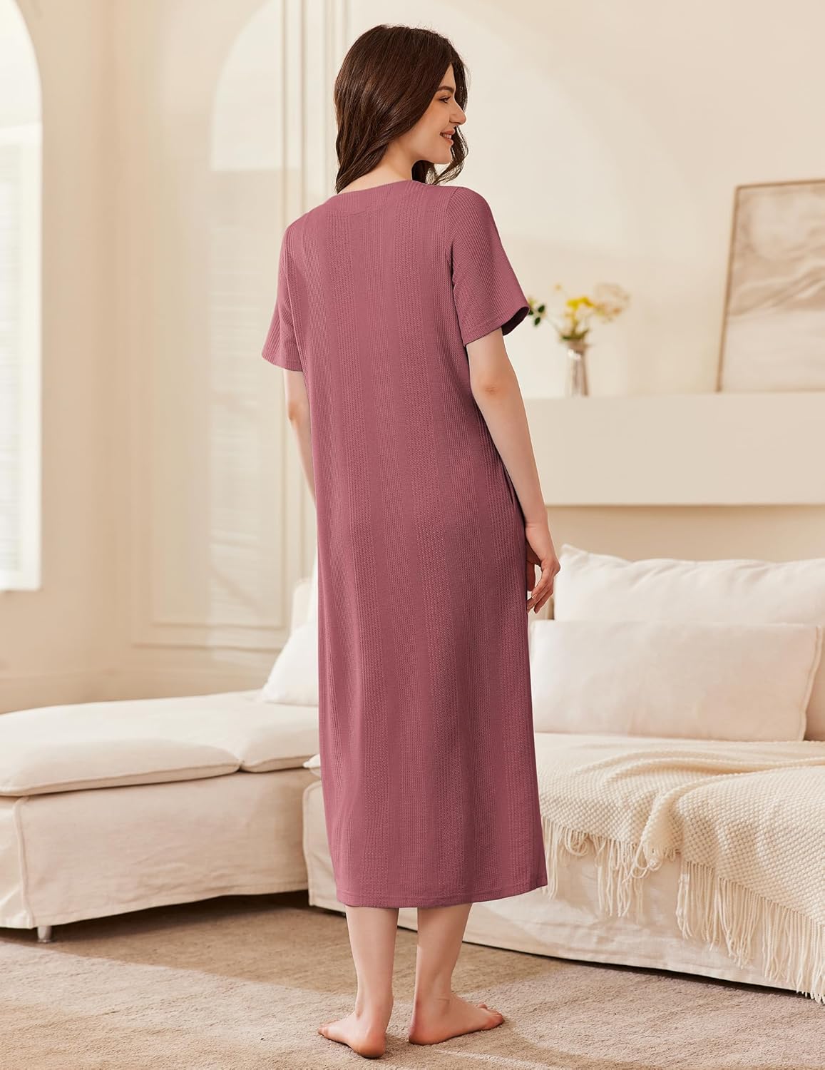 Mauve long zip-up waffle knit housecoat robe, back view, mid-calf