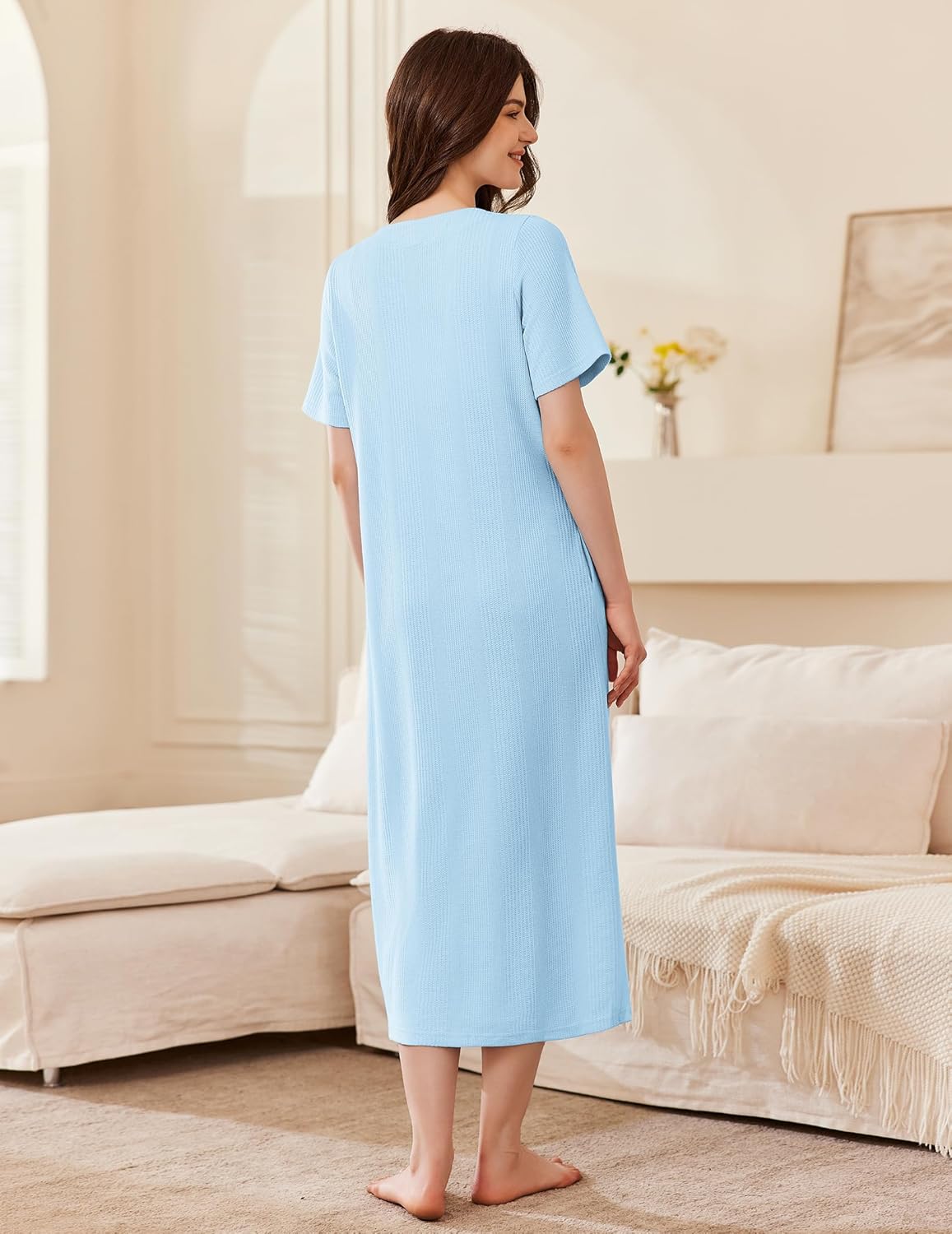Sky blue long zip-up waffle knit housecoat robe, back view, mid-calf