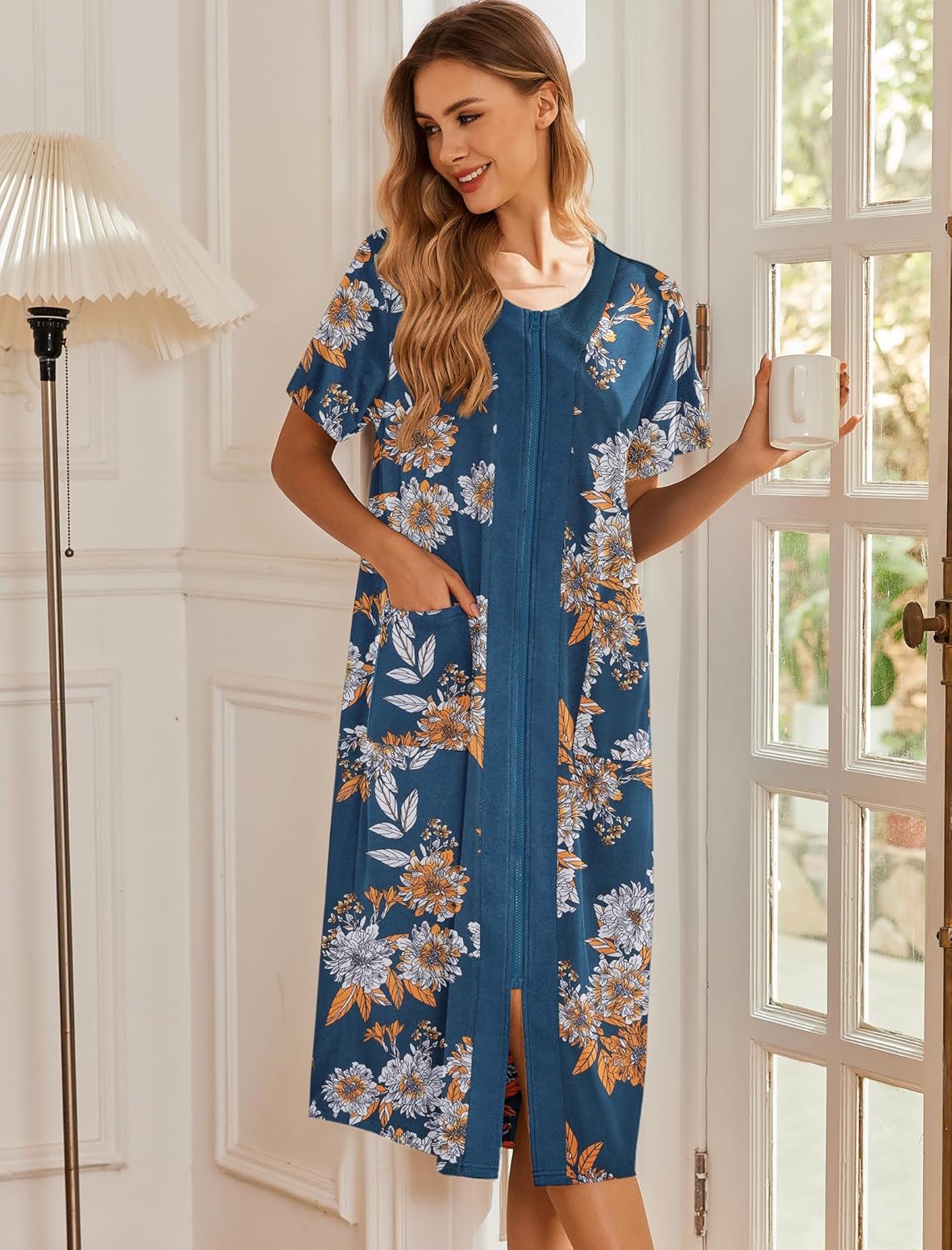 Navy zip-front nightgown robe with short sleeves and blue floral print
