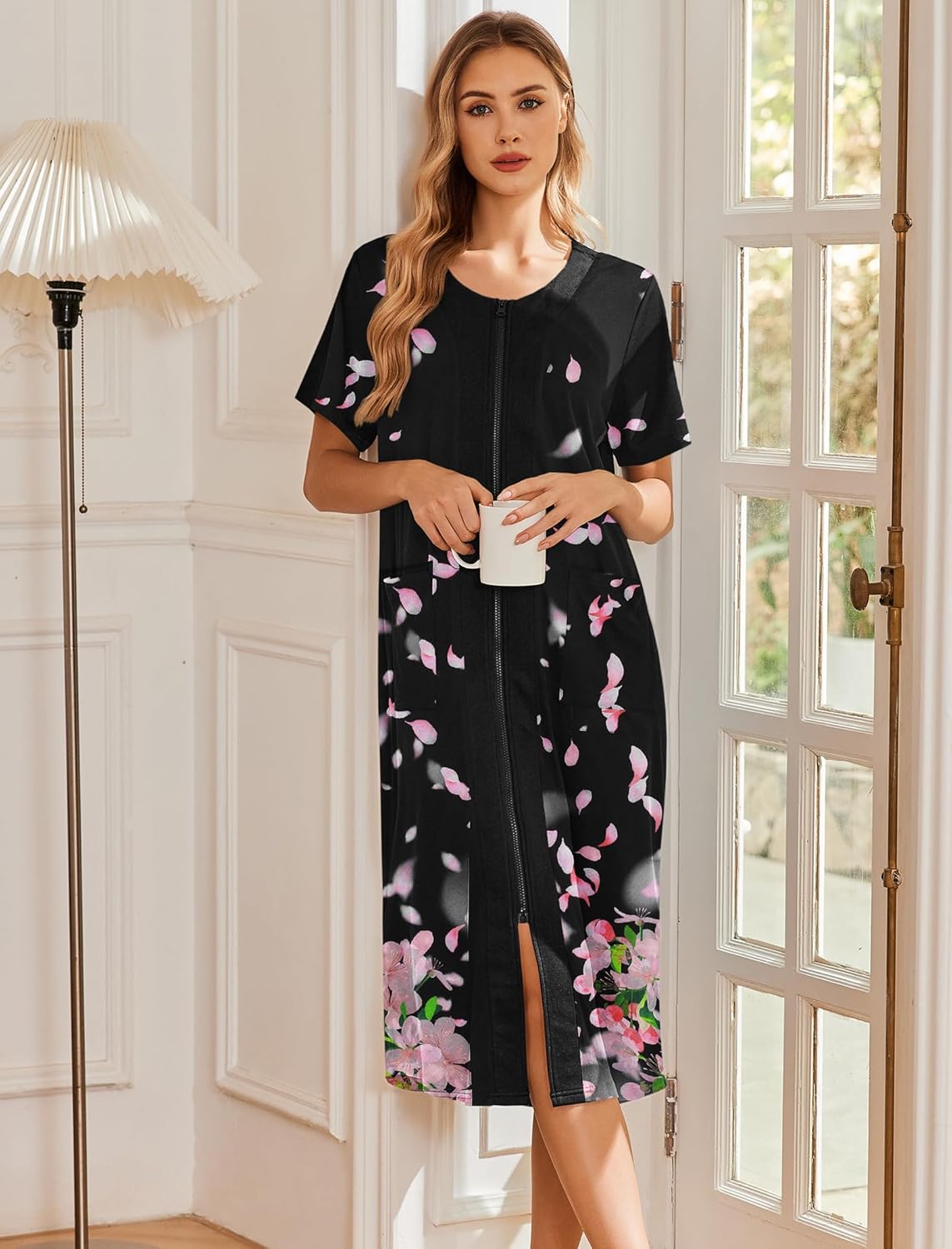 Black robe with pink blossoms, front zipper and short sleeves, long side-slit