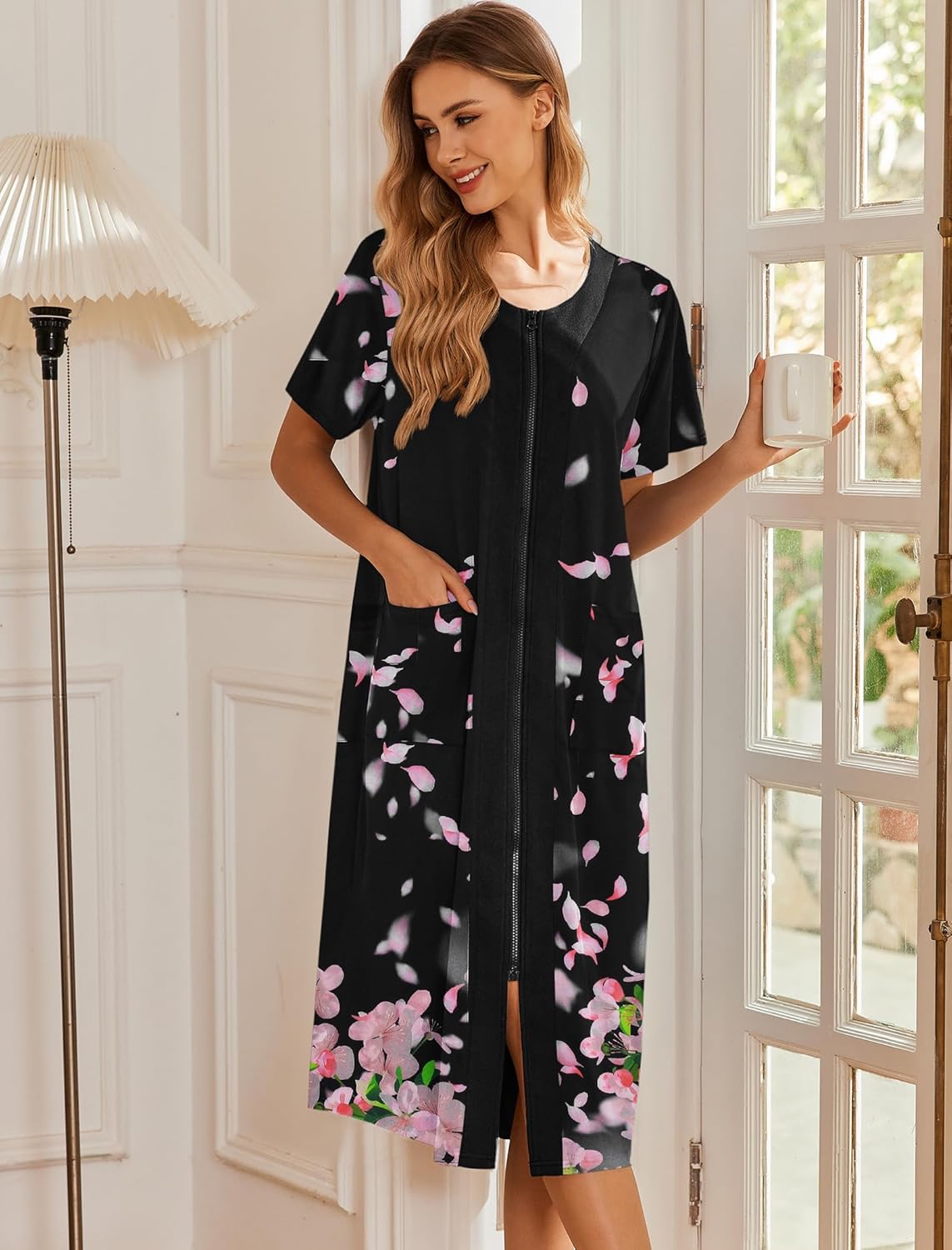 Black zip-front bathrobe with pink floral print, short sleeves, long length