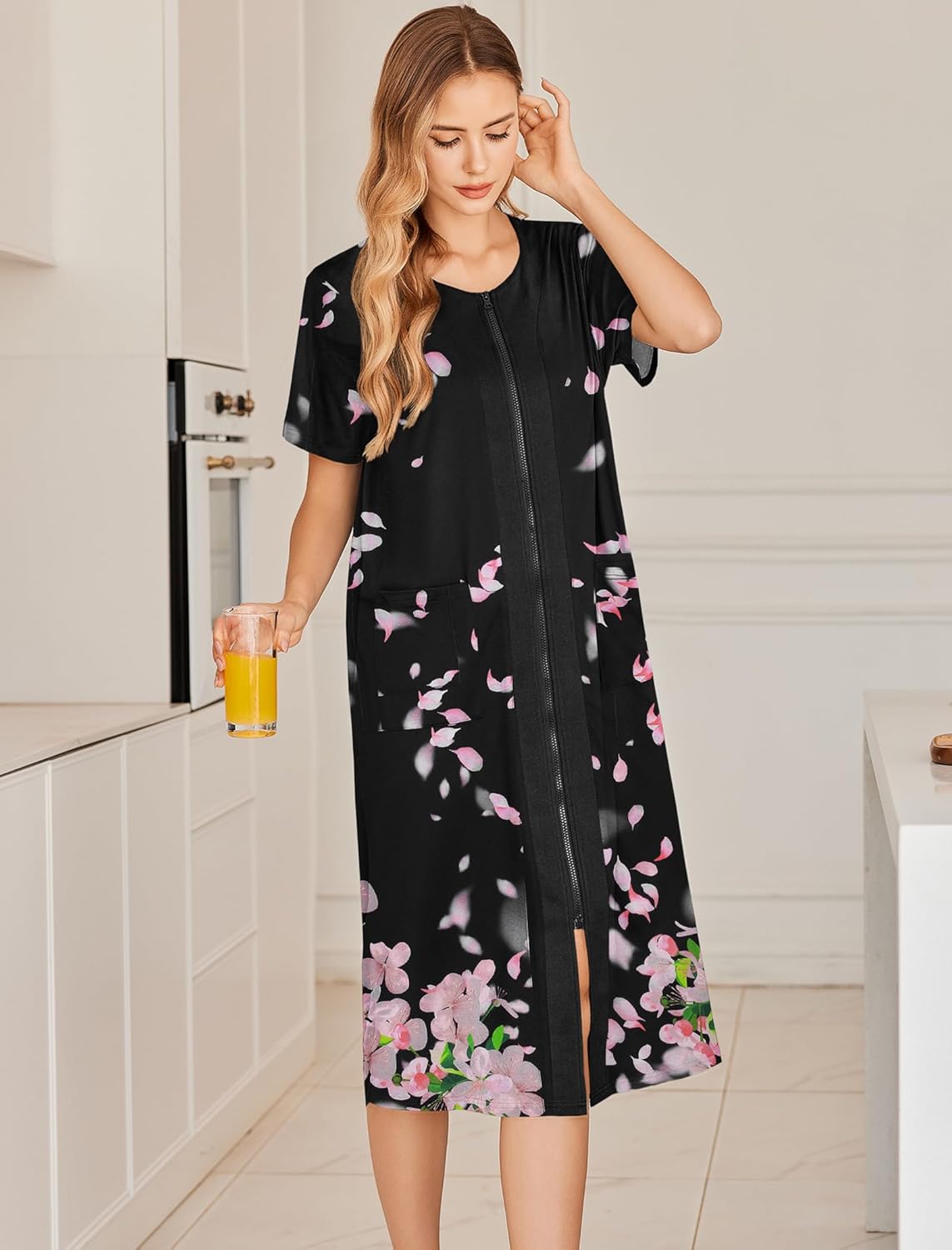 Black zip-front bathrobe, short sleeves, pink flower butterfly print
