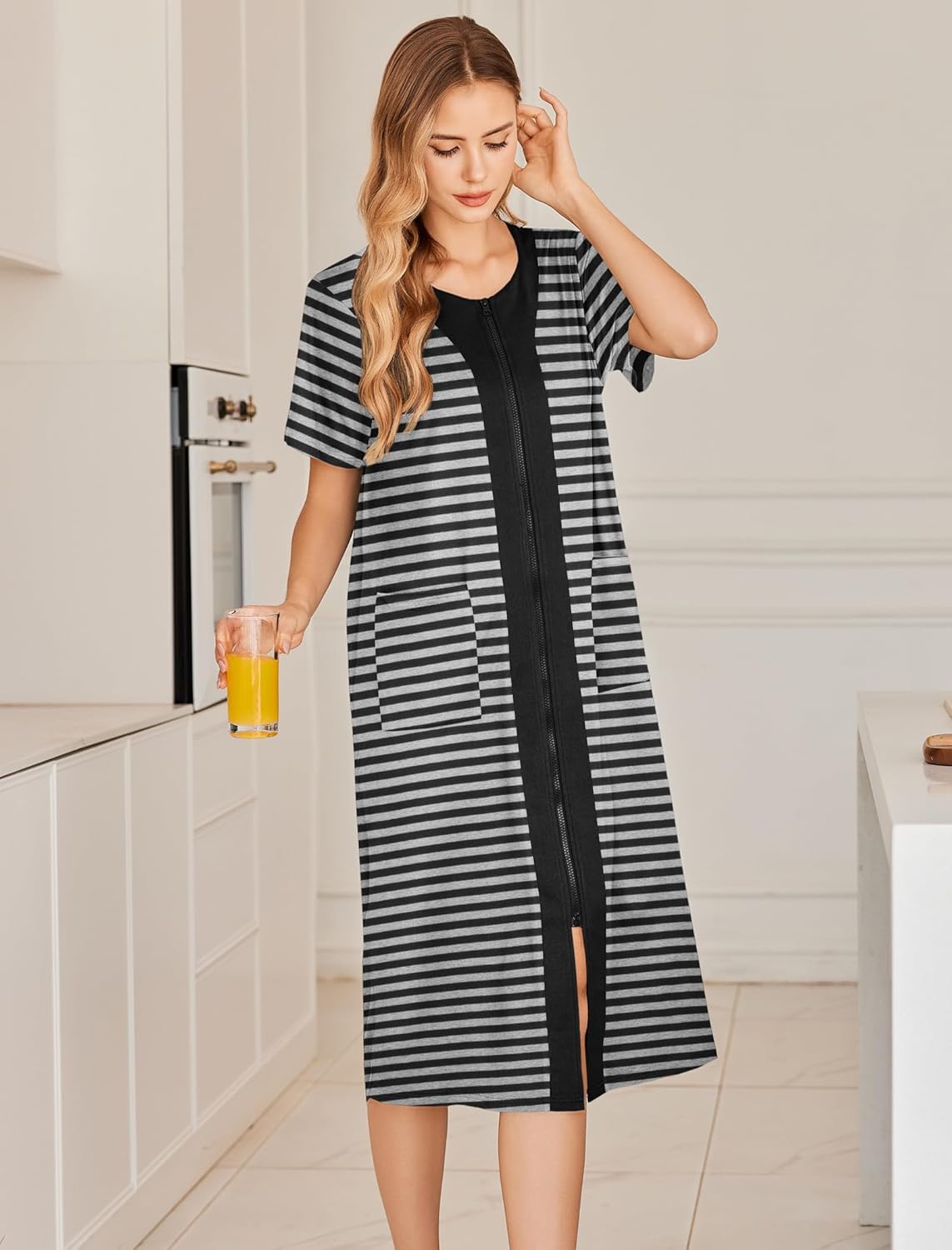 Zipper front bathrobe, short sleeves, long striped nightgown with center black zipper opening