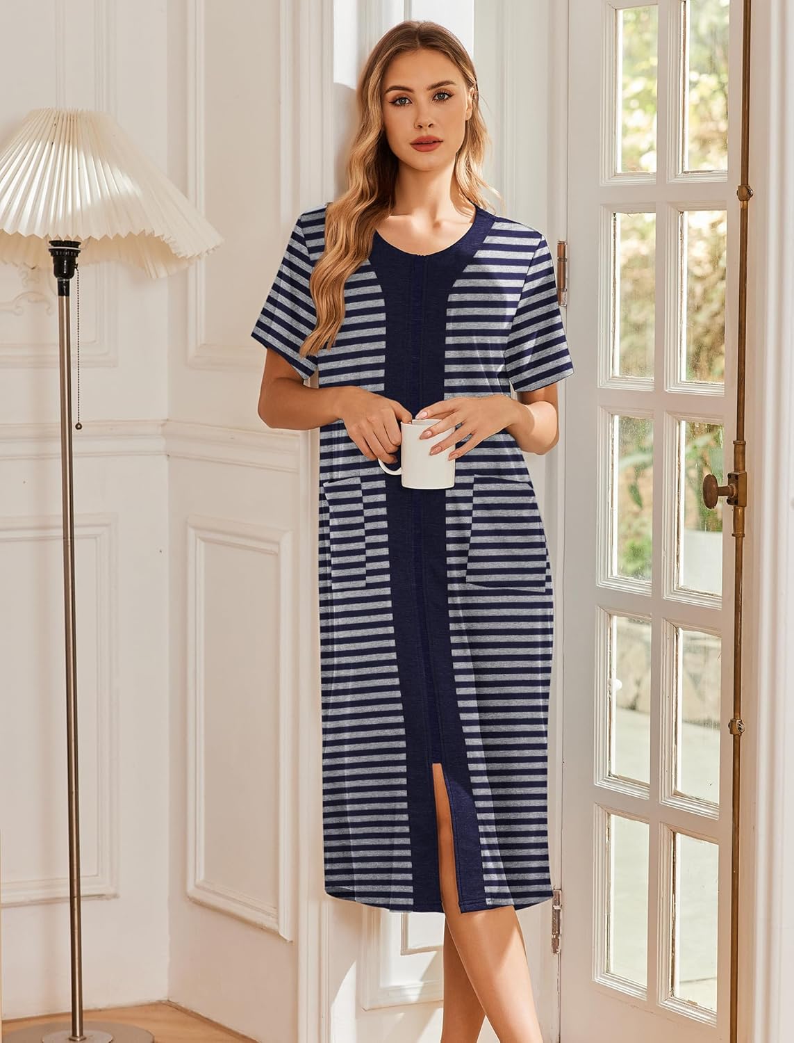 Navy zip-front robe with short sleeves and horizontal stripe pattern